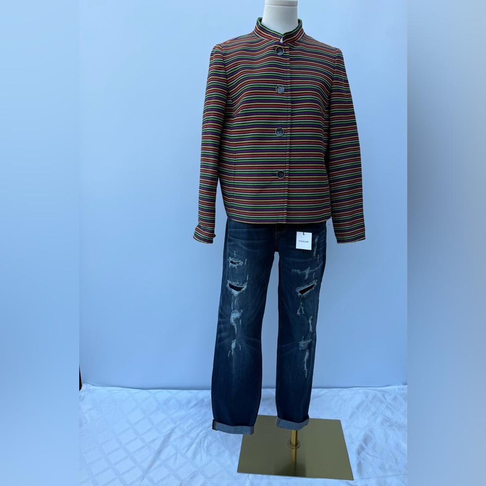 Talbots Rainbow Horizontal Striped Metallic Thread Mandarin Collar Biazer - Picture 2 of 12